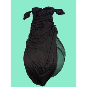 Elegant Black Off-Shoulder Ruched Evening Gown With Sheer Overlay Dramatic Silho